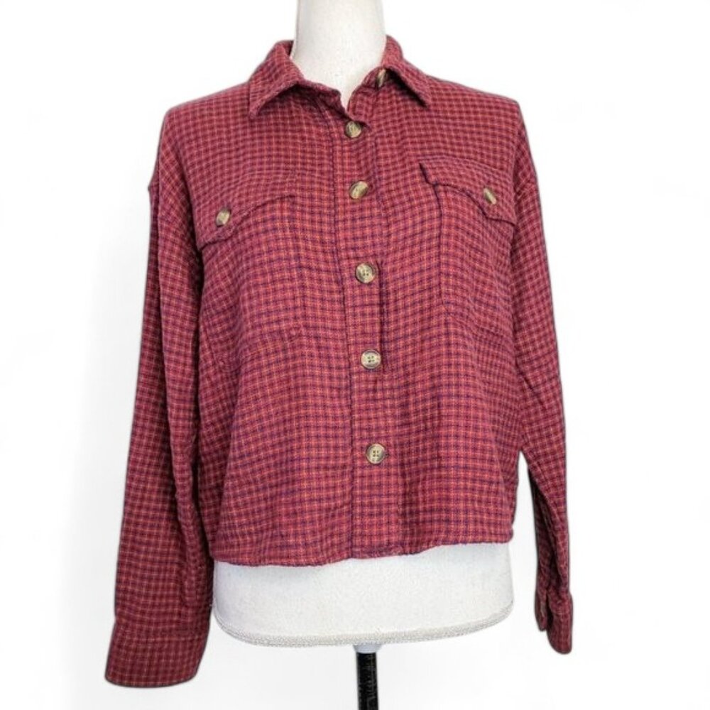 American Eagle Plaid Flannel Cropped Oversized Top Flap Pocket‎ Chunky Button S